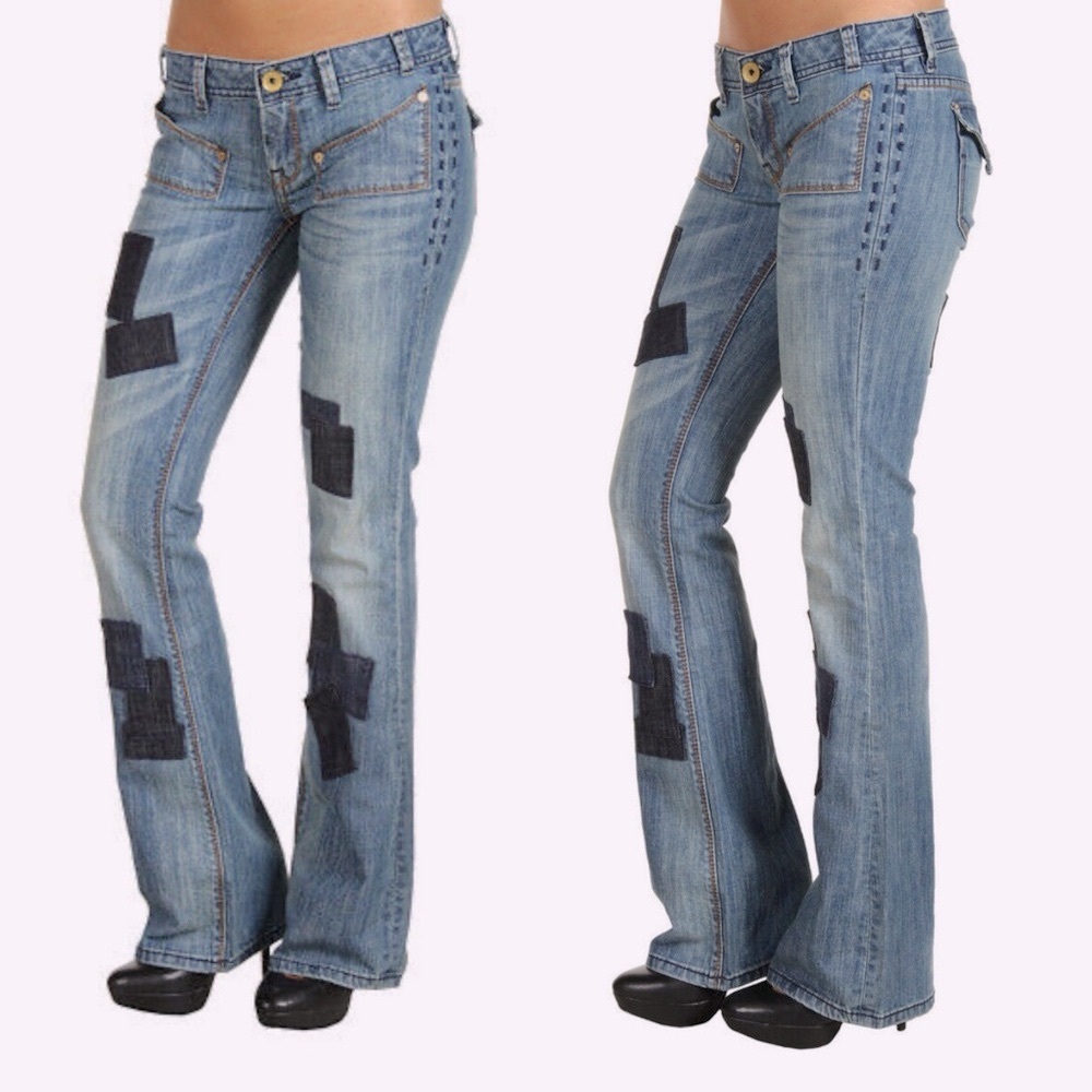Set/2 MEK Denim Keros Skinny Super Bell Low Rise Flare Jeans Patchwork Dk Rinse